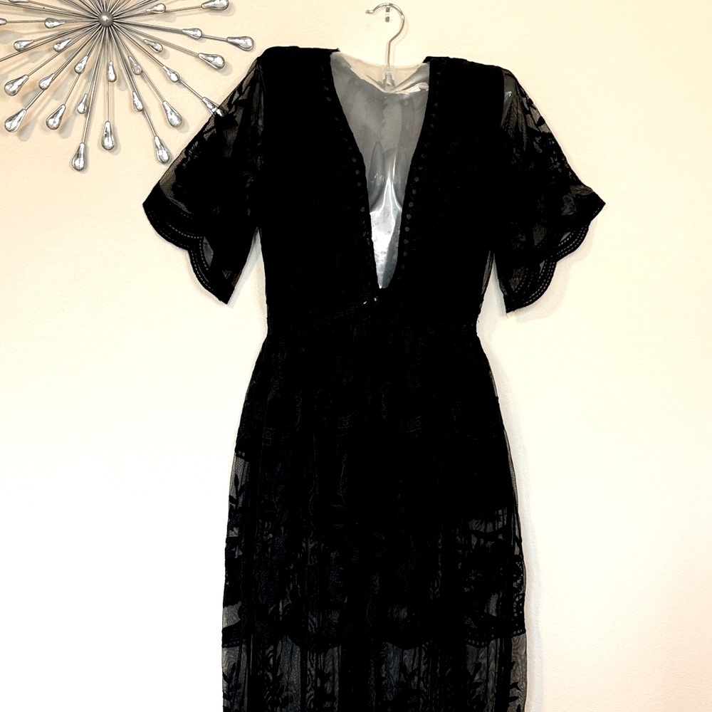 Lace Plunging V Neck Sheer Beautiful Maxi Dress Black Small - Picture 14 of 15
